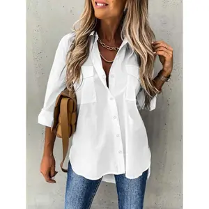 Women's Plain Button Front Pocket Shirt, Casual Long Sleeve Collared Top for Daily Wear, Ladies Clothes for All Seasons, Clothing for Women