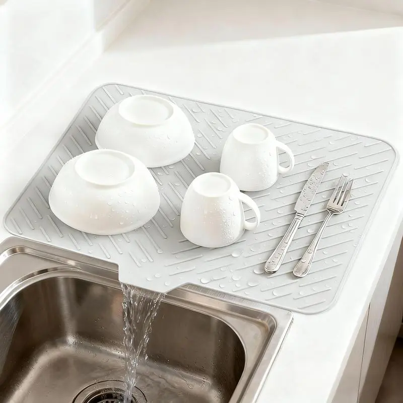 White Silicone Rectangle Kitchen Dish Drying Mat (23x17 in) - Leak-Proof, Heat-Resistant, Non-Slip Kitchenware with Built-in Drain Lip, Reusable Silicone Placemats & Coasters for Counter & Sink, White-23 inch*17 inch