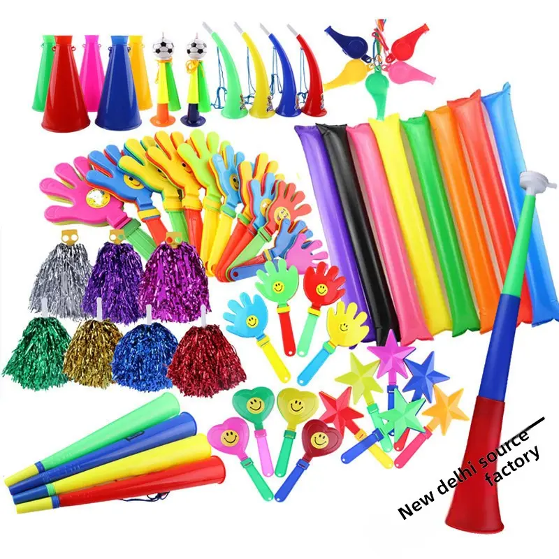Rainbow Plastic Cheering Props Set - Inflatable Handheld Noise Makers with 5 Large Luminous Clappers, 5 Heart-Shaped Clapping Hands, 20 Cartoon Cheering Sticks (With Pump), Glowing Sticks, Horns, Pom-Poms for Sporting Events, Unisex Gifts