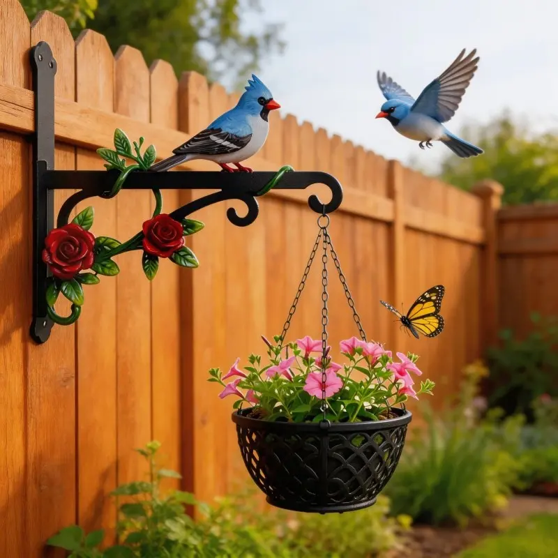 Iron Metal Blue Bird Outdoor Flower Basket Hanger, Colorful Floral Ring Hook, Dual-Sided Painted, Perfect for Garden Decor, Garden Accessories, Includes Installation Screws