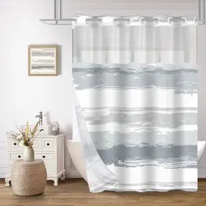 No Hook Shower Curtain with Snap in Liner Set, Grey and White Striped Aesthetic Minimalist Abstract Design,  Washable Fabric Curtain with See Through Mesh Top Window 71x74 Inch
