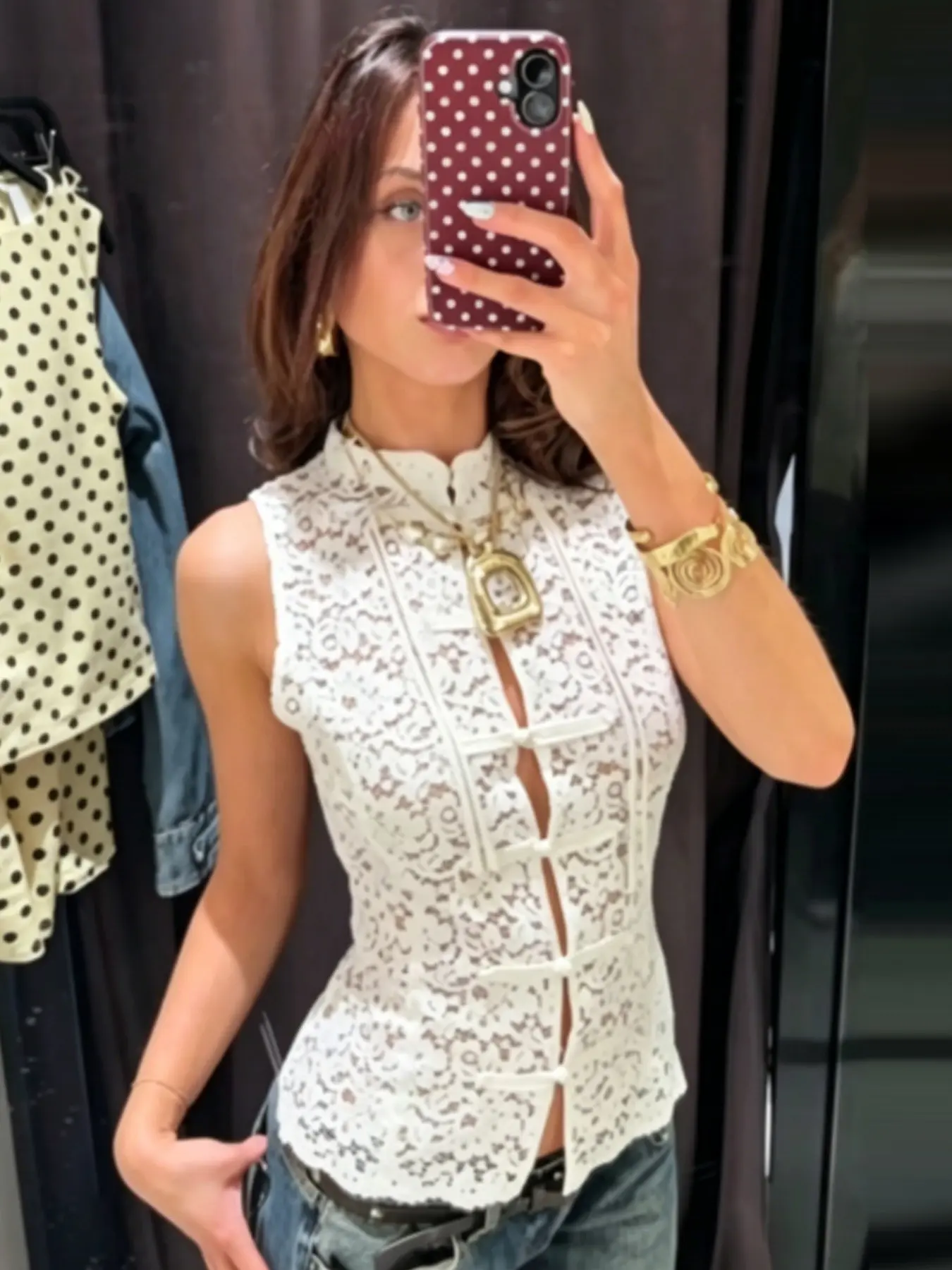 Crop Lace Top Women Summer 2026 Fitted Elegant Hollow Out Frog Button Mandarin Collar Sleeveless Camisole Tank Top Casual Translucent All-Match Tops For Women Womenswear