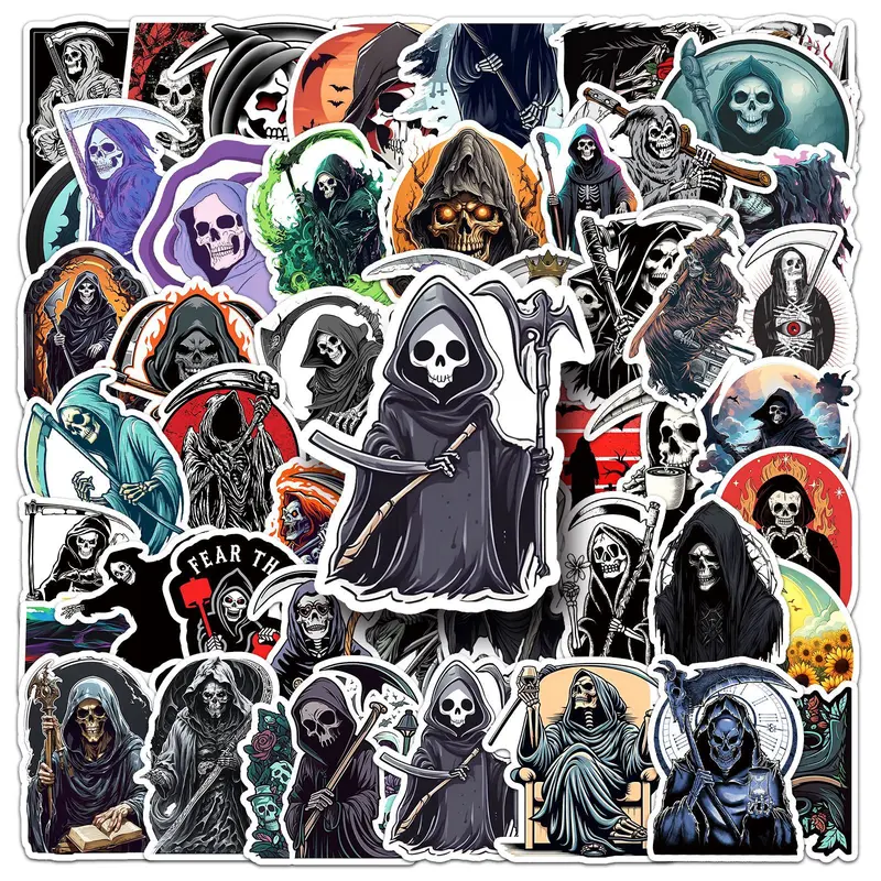 50pcs Grim Reaper Stickers Gothic Halloween Series, Includes Sticker, Perfect for Scrapbooks Journals Laptops Water Bottles Cars, Car Decorative Sticker, Positive Message Sticker Decals, Automotive Decoration