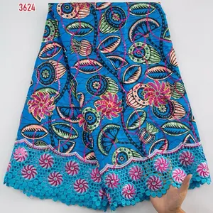 African Ankara Wax Embroidery Lace Fabric per Yards Colorful Floral Design Blue Pink Green Patterned Fabric