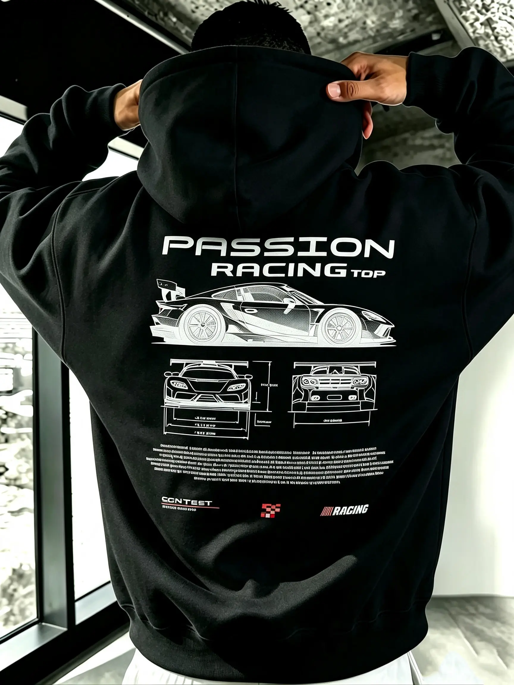 Passion Racing supercar blueprint print hoodie, race car graphic pullover, loose-fit sweatshirt for men, American racing streetwear Black Casual