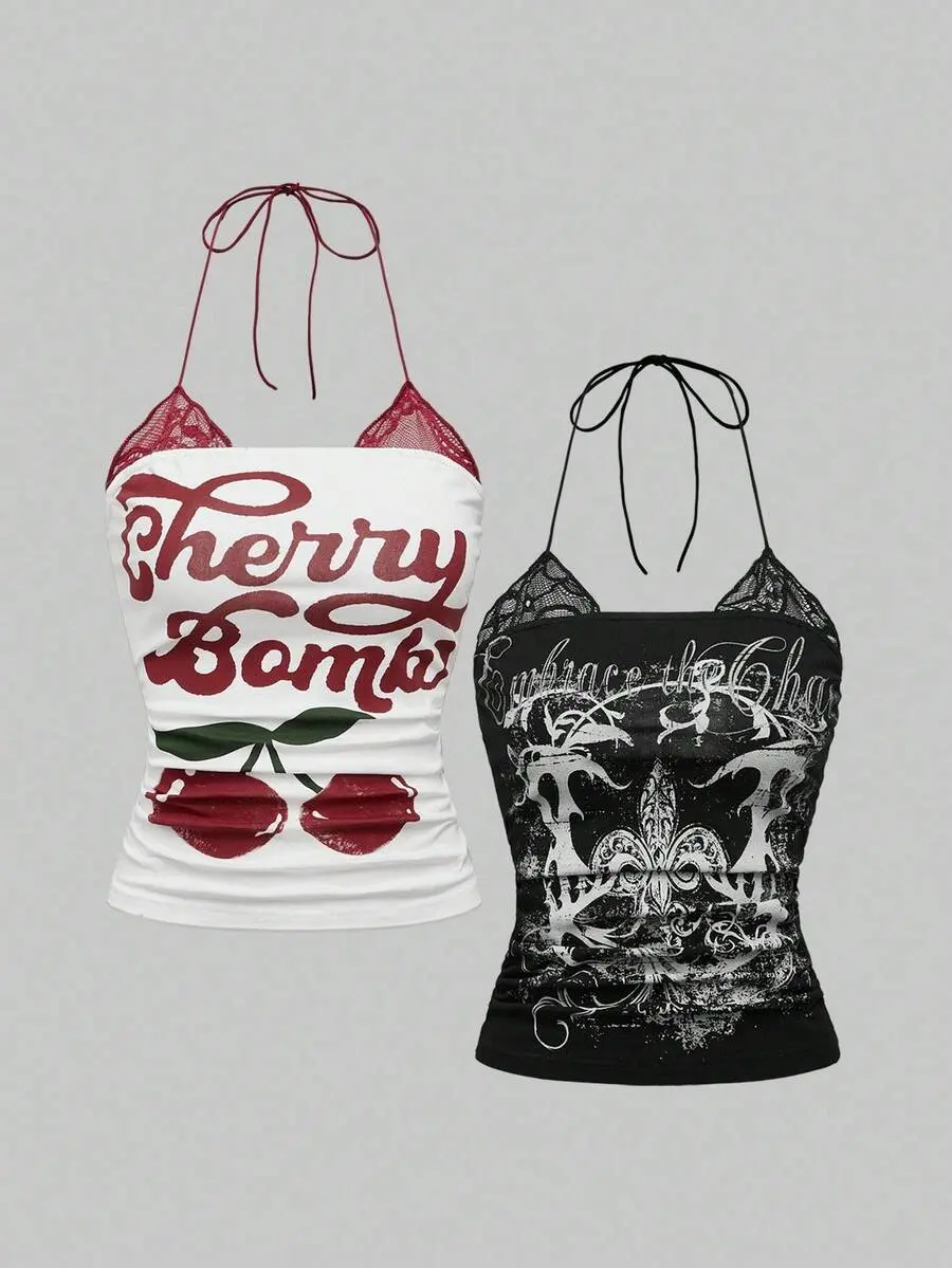 MALINDA Spring/Summer Graphic 2 Pieces Set: Vintage Cherry Print & Punk Floral Contrast Lace Halter Neck Top