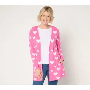 QVC Women's Loose-Fitting Cotton Knitwear, Driftwood Jeans Heart Pattern Cardigan with Intarsia Design, Pink Heart Accent