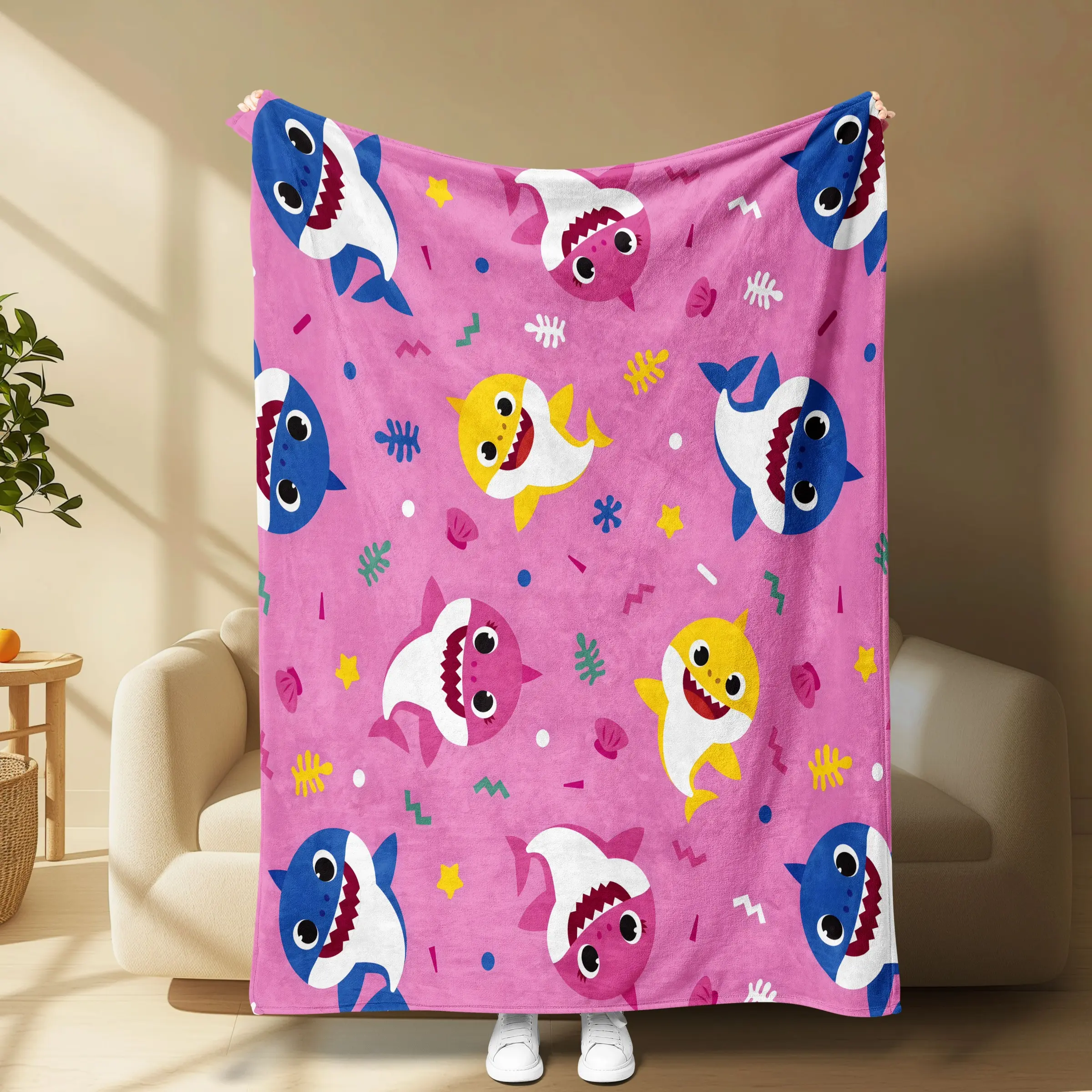 Baby Shark Cartoon Blanket Soft Flannel Throw Blanket with Cute Pink Shark Print Design, Cozy Warm Lightweight Kids Blanket for Sofa Bed Bedroom Travel Camping Air Conditioned Room Home Decor, Perfect Gift for Children Birthday Christmas