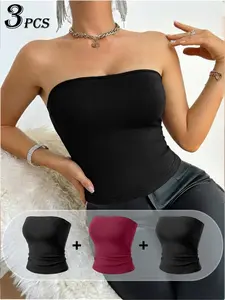3PCS Black Strapless Tube Tops, 2026 Summer Ins Style Aesthetic Sexy Cropped Tops, High Stretch Slimming Bandeau, Cute Y2K Inner Blouse for Streetwear Casual