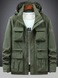 Men's Solid Pockets Drawstring Detachable Hooded Jacket, Coats, Men's Designer Clothes, Winter Outfits 2024, Regular Fit Casual Waterproof Windproof Long Sleeve Zip Up Zippers Outerwear for Fall & Winter, Men's Clothes for Daily Wear, Menswear