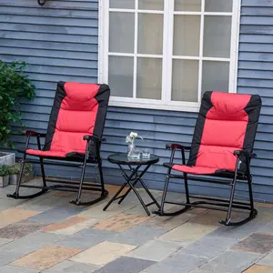 3 Piece Outdoor Patio Furniture Set 2 Rocking Chairs With Cushioned Headrest And Tempered Glass Table For Camping Or Garden Folding Design For Easy Transport