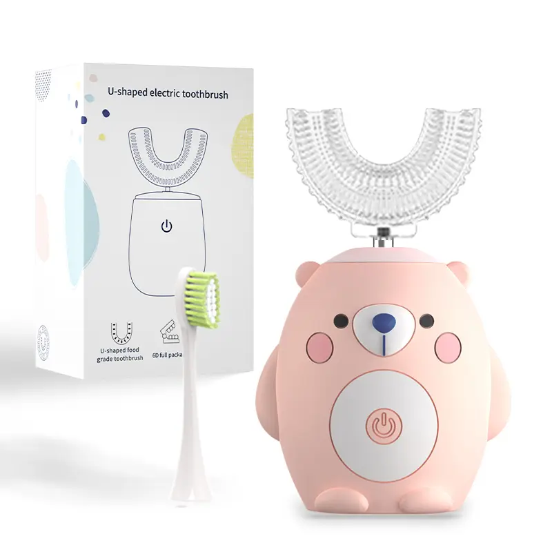 Fun Kids U-Shaped Electric Toothbrush | 2 Colorful Brush Heads | Sonic Toothbrush for Children 3-8 | Soft Bristles for Sensitive Gums | Cute Animal Shape | Rechargeable | Easy Brushing | Teeth Cleaning | Bathroom Oral Care | Pink & Blue