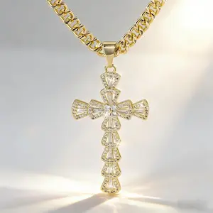 14K Gold Plated Cross Necklace for Women Men, Iced Out Cubic Zirconia Cross Pendant with Cuban Link Chain, Religious Christian Faith Jewelry, Hip Hop Bling Cross Necklace, Perfect Gift for Her