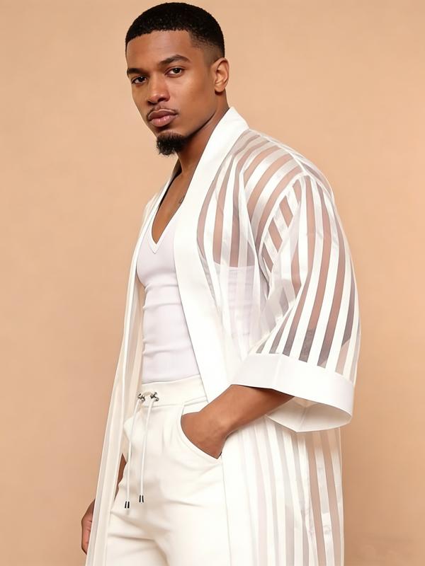 Men’s Sheer Striped Kimono Jacket – White Statement Layer for Nightwear & Fashion Styling