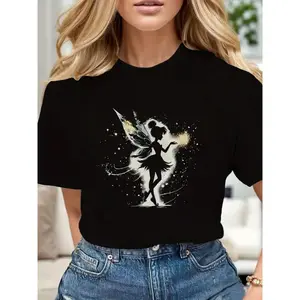 Soft Cotton Cartoon Fairy Graphic T-Shirt Casual Crew Neck Comfortable For Casual Wear