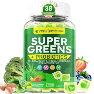 Organic Super Greens Daily Superfood Gummies + Probiotics, Spirulina, Chlorella Spinach Broccoli, Prebiotic Fiber, Mushroom -Rich in Vitamins - Adults & Teens Digestive, Focus, Energy, No Sugar, 60Cts