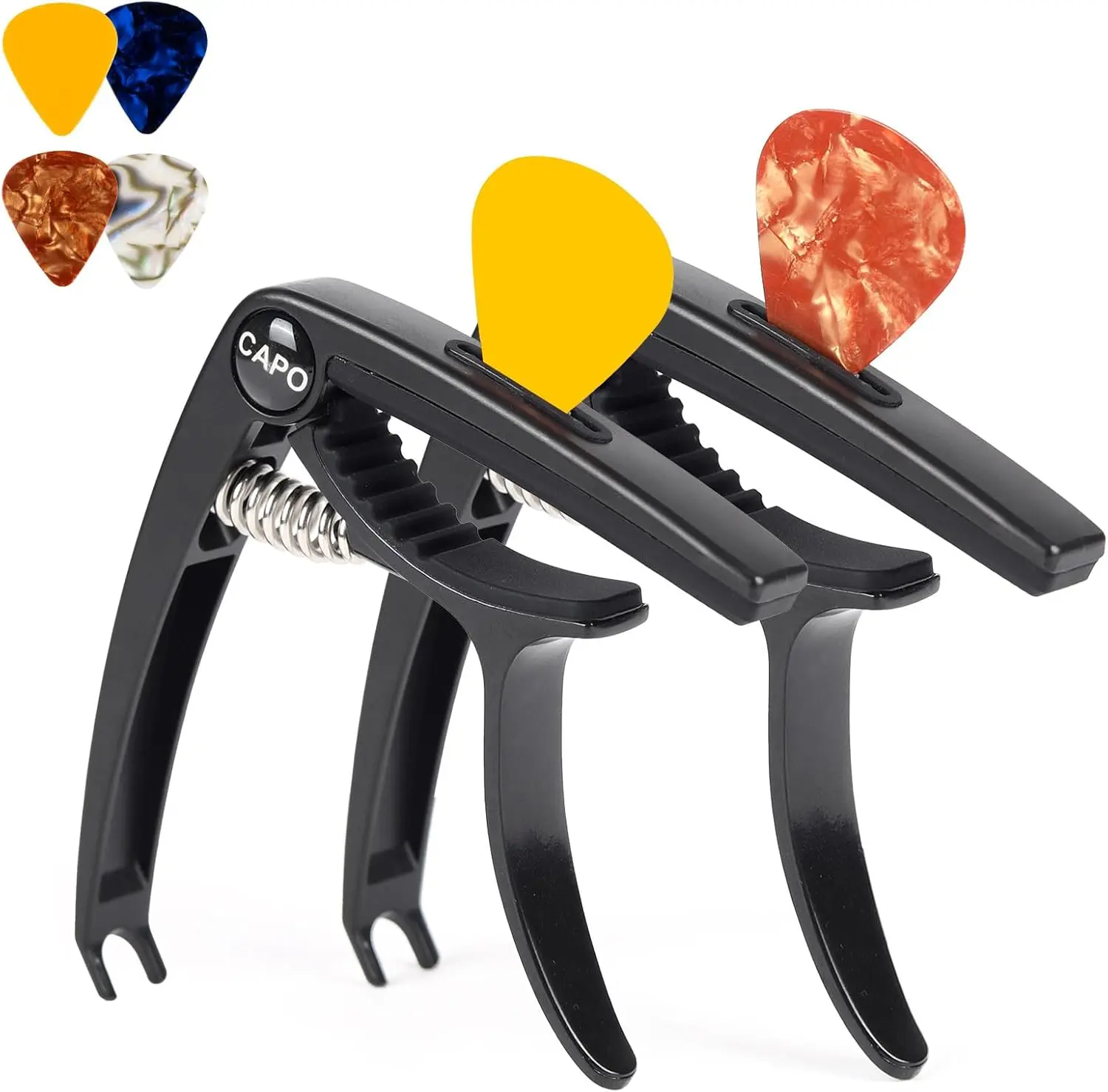 6-String Guitar Capo for Acoustic & Electric Guitars - Universal Clamp with 4  Picks - Compatible with Ukulele, Banjo, Mandolin (2P Black)