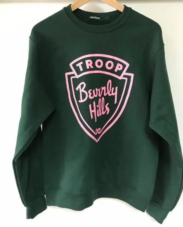 Troop Beverly Hills Vintage Sweatshirt T-Shirt Hoodie - Retro Green Pink Shield Patch Graphic Crewneck, 80s Movie Camp Comedy Pullover, Nostalgic Cozy Streetwear Sweater, Funny Gift for Women Men