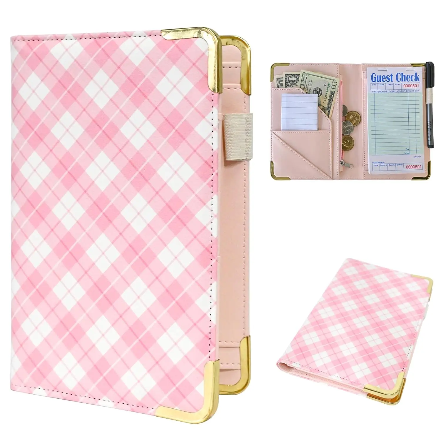 Server Book for Waitress Organizer Wallet Women Cute  Receipt Holder Presenter 5 Pockets Waiter Accessories (Pink Plaid)