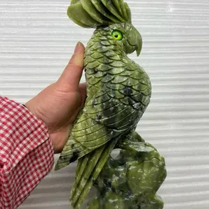 Parrots Carvings - Green Stone Sculpture with Detailed Feathers and Vivid Eye