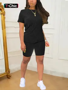 Two-Piece Set Women's Solid Short Sleeve Tee & Skinny Shorts, Casual Round Neck T-shirt & Shorts for Summer, Ladies Clothes for Daily Wear, Lounge Shorts Set, Suits