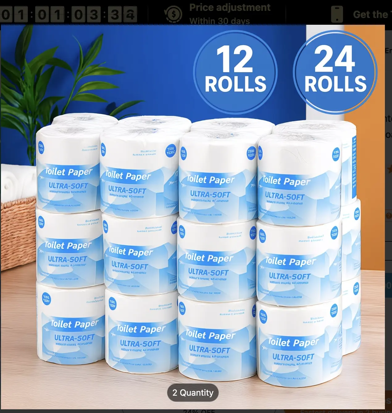Eco-Friendly Bamboo Fiber Toilet Paper, 2-Ply Unscented, 12/24 Rolls, Biodegradable Natural Toilet Paper for Home, Camping, Boat Use