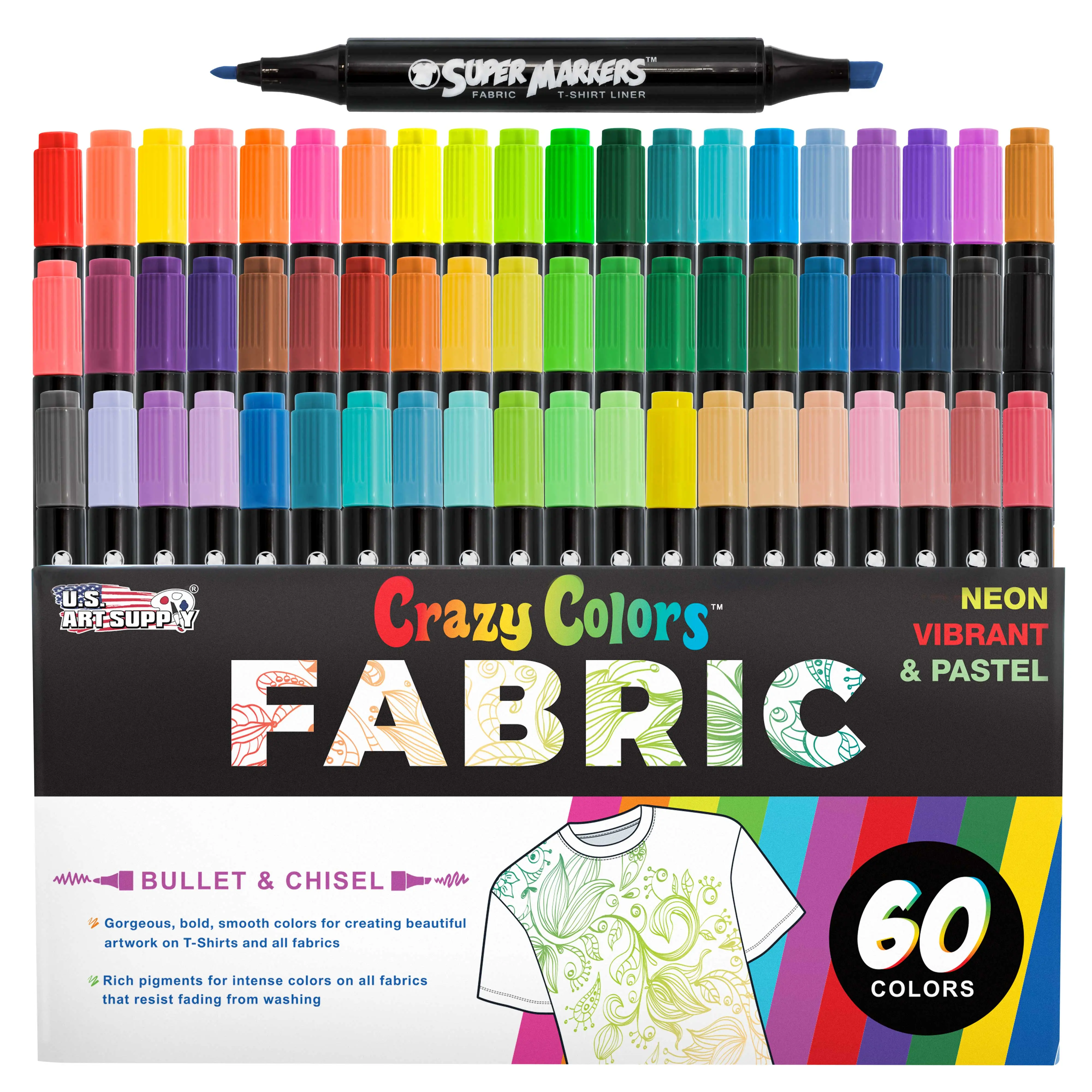 Super Markers 60 Primary, Pastel & Neon Dual Tip Fabric Markers - Fine & Chisel Point Pens Fabric Marker Permanent for Clothes, T-Shirts - Permanent Ink Eye-Catching Colors