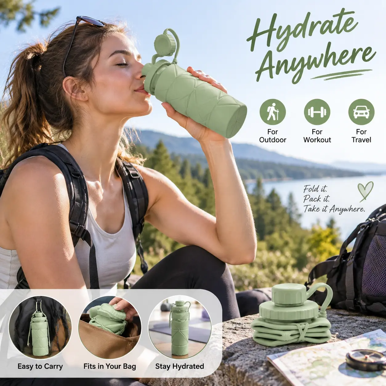 20oz Foldable Silicone Water Bottle with Leakproof Lid - Lightweight, Space-Saving, Portable for Outdoor Trips, Gym & Daily Home Supplies Use