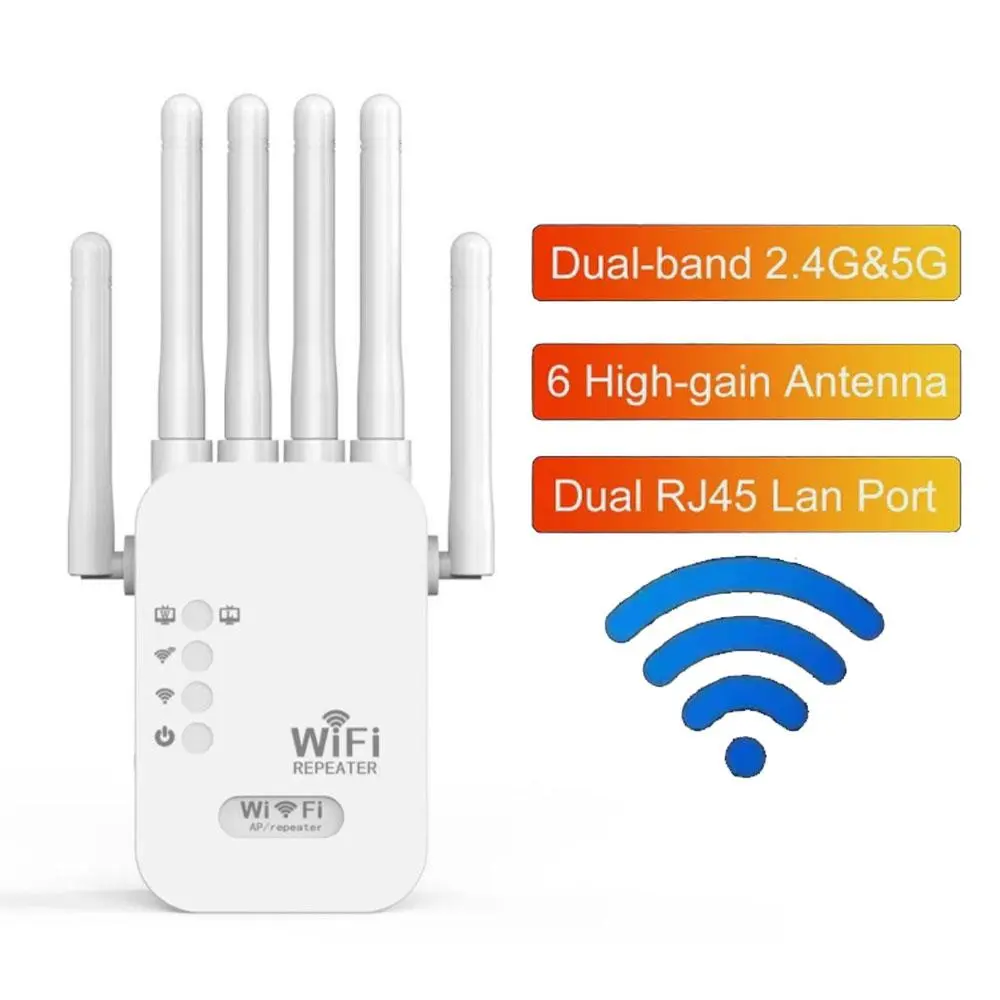 1200Mbps Dual-Band WiFi Repeater, 6 External Omnidirectional Antennas, US Plug Indoor Booster, Expands Network Coverage, Stable Signal for Gaming & Streaming