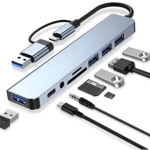 8-in-1 USB C HUB, USB Splitter, USB Expander with 4 USB Ports, 1 USB C TF/SD Card Reader, 3.5mm Audio Output, Compatible with Macbook Pro/iPad Pro/HP Laptops