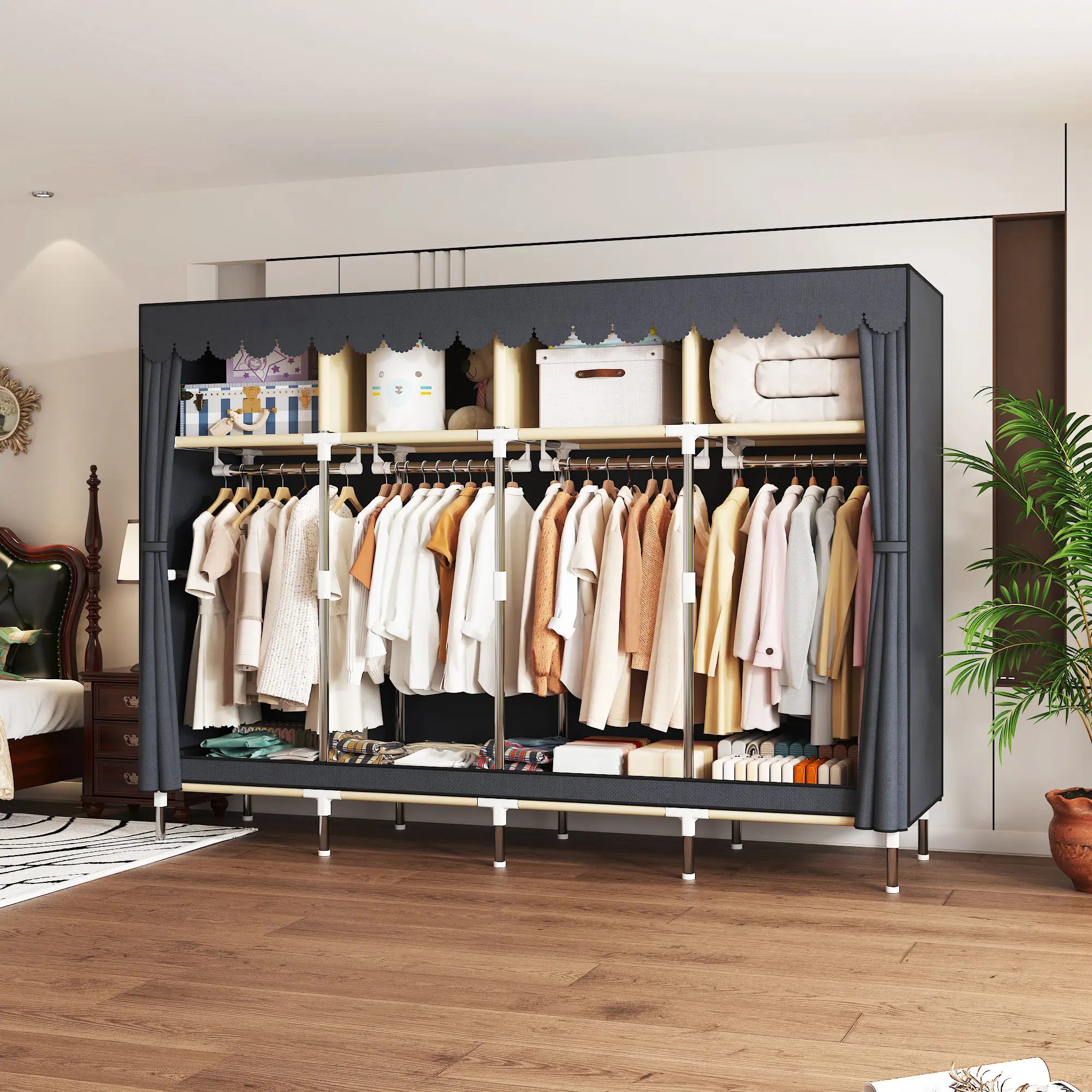 Heavy Duty Cloth Wardrobe Portable Closet Organizer Metal  Clothing Rack  for Hanging Clothes  Easy to Assemble Stronger Load-Bearing Detachable Design 78.7" Lx 17.7" Wx 66.9 H