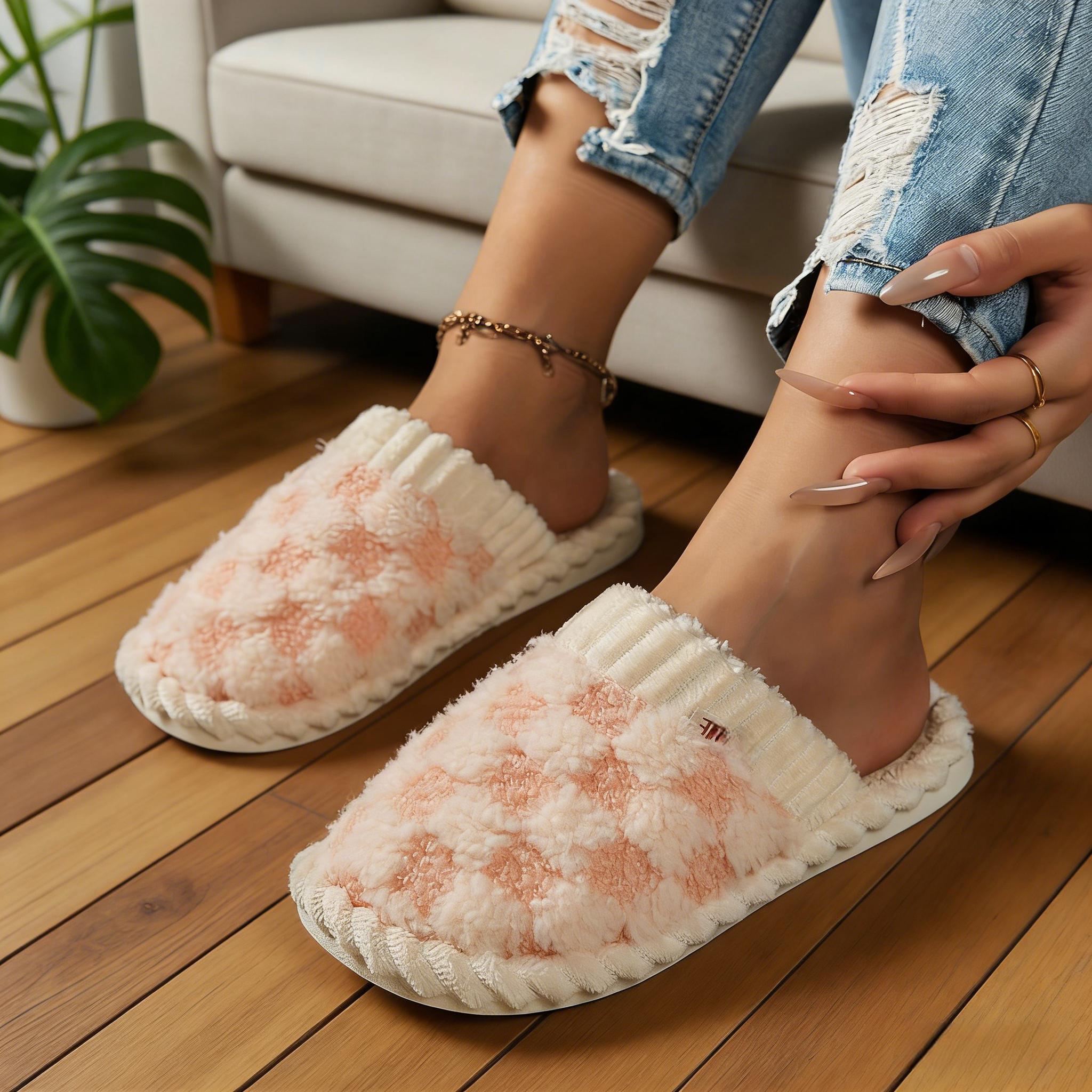 Checkered Plush Slippers for Men & Women – Warm Fuzzy Memory Foam Indoor/Outdoor House Shoes, Non-Slip Cozy Winter Bedroom Slippers