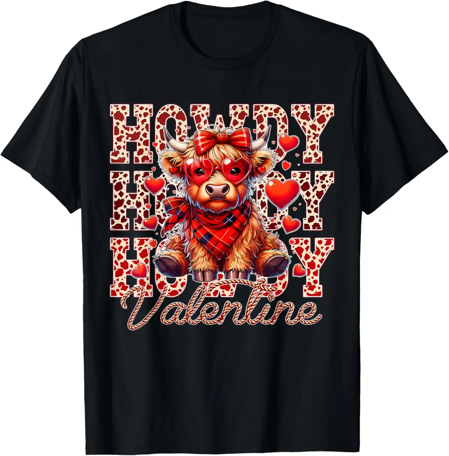 Women's Coquette Style Valentine T-Shirt with Highland Cow & Hearts Graphic, 100% Cotton Breathable Fabric, Casual Lightweight Comfortable Fit