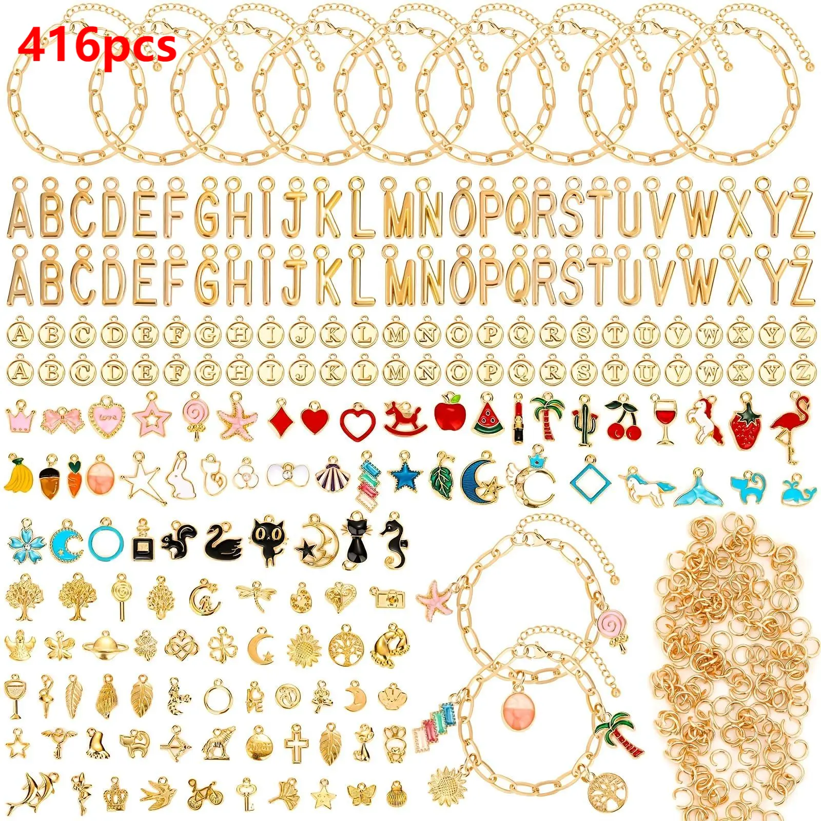 416pcs Golden DIY Jewelry Making Kit - Paperclip Chain Bracelets, Mix Charms to Reflect Your Story, Jump Rings, Bead Assortment for Handmade Gifts & Handcraft Accessories, Letter Charm
