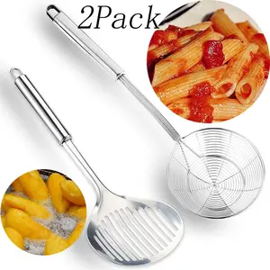 2 Pack Multi-Purpose Stainless Steel Skimmer and Strainer Set,Slotted Skimmer Spoon and Spider Strainer for Frying,Multi-Use Cooking Utensil Set,for Cooking and Frying