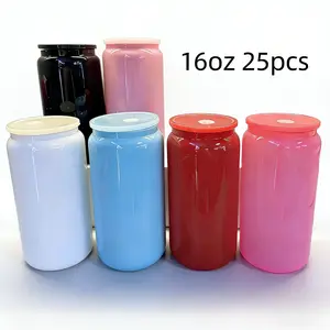 25pcs 16oz blank sublimation macaron-coloured glass jars with plastic straws and PP lids, suitable for Halloween and Christmas. UV DTF packaging for 16-ounce sublimation beer cans, mason jars, and everyday drinking cups.