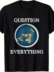 220g 100% Cotton Men's & Women's Flat Earth Question Everything T-Shirt - Flat Earth Map Print, Loose Fit Round Neck Casual Tee for Outdoor & Casual Attire, All-Season Comfortable Short-Sleeve Top