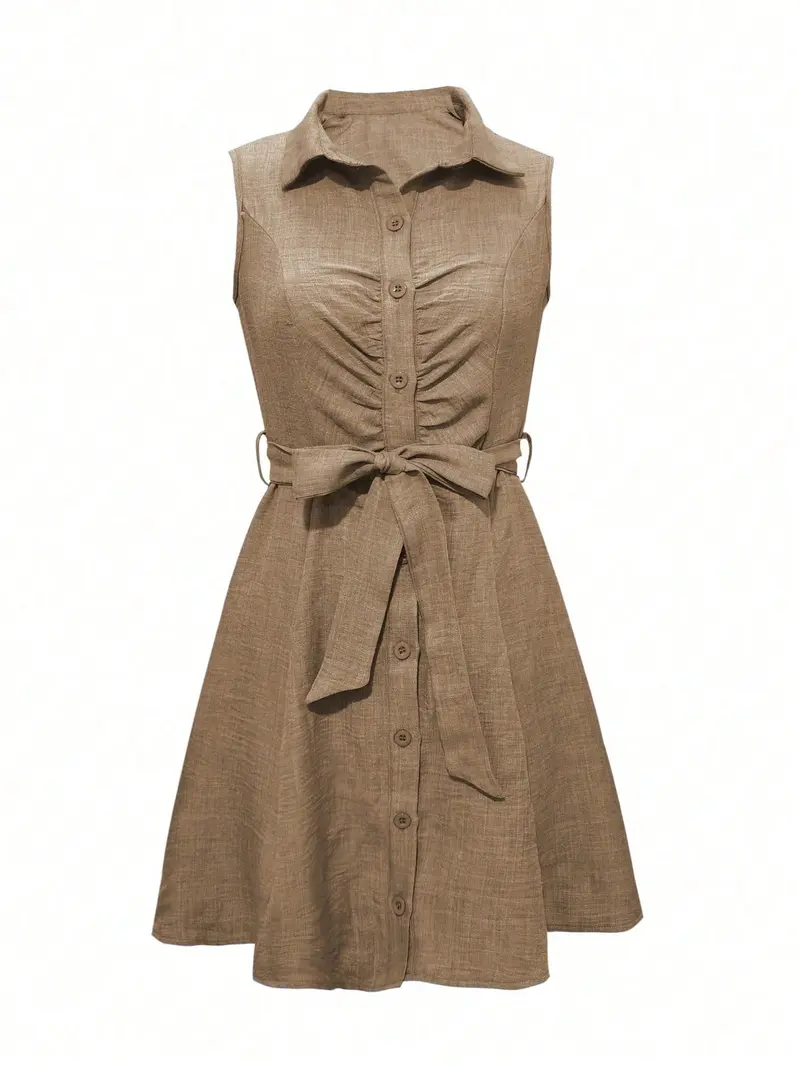 Solid Button Front Belted Shirt Dress For Summer Khaki Sleeveless A Line High Waist Flared Hem Casual Night Out Dress