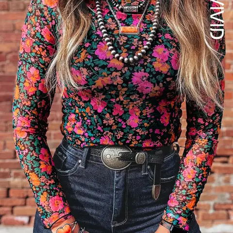 Women's Casual Classy Elegant Feminine Slim Fit Stretchy Floral Print Mesh Long Sleeve Mock Neck Top, Stylish All Seasons Fashion, Comfortable Daily Wear