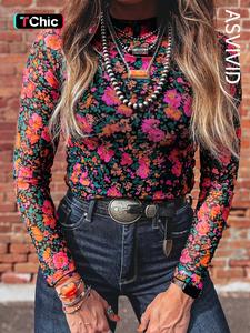 Women's Casual Slim Fit Floral Mesh Long Sleeve Mock Neck Top, Stylish All Seasons Fashion, Comfortable Daily Wear