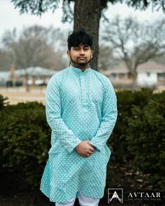 Sky Blue Embroidered Cotton Men's Kurta With Pajama