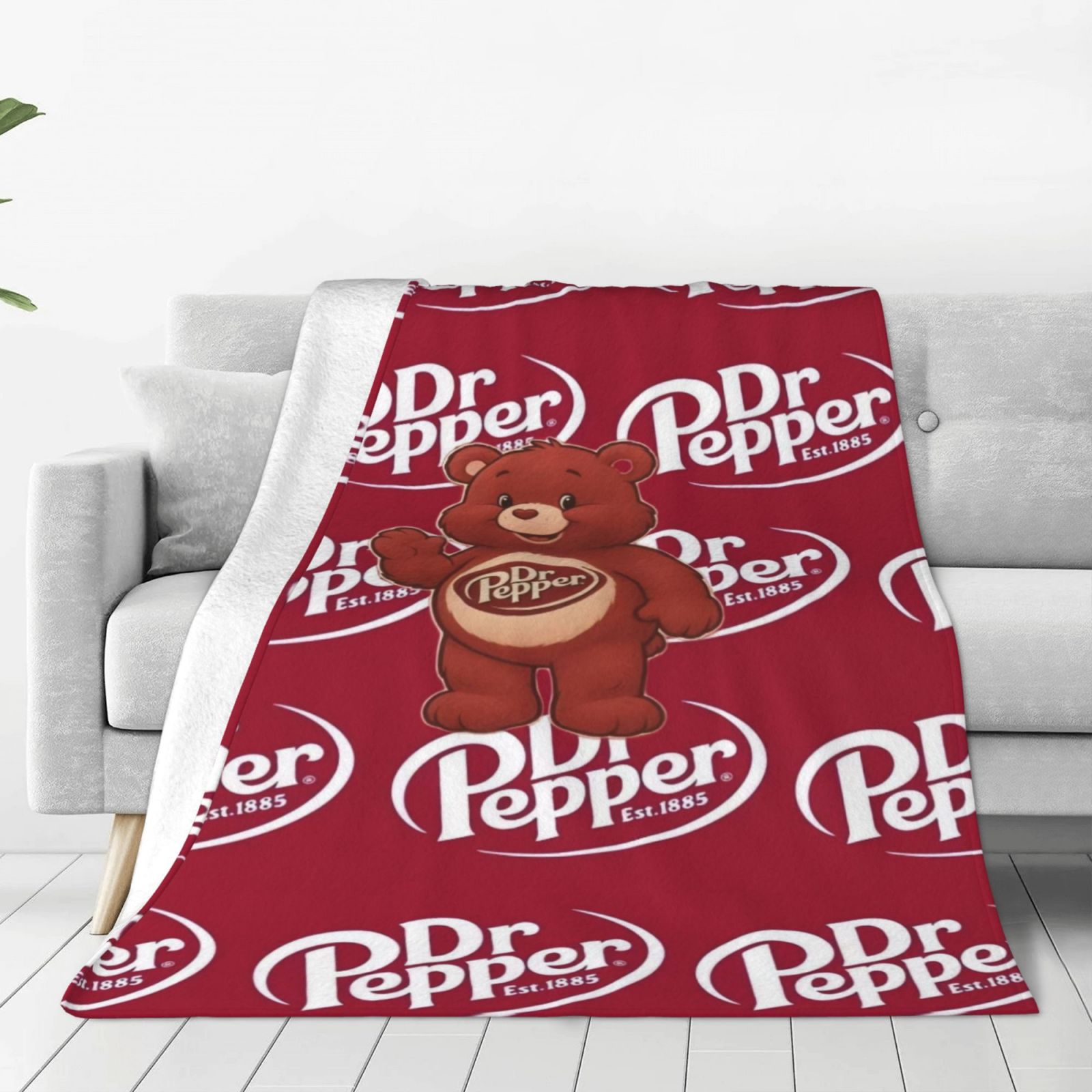 Dr Pepper Care Bear Fleece Blanket, Cute Soda Bear Throw Blanket for Dr Pepper Lovers