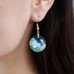 Exquisite Fashion Round Glass Blue Sky and White Clouds Pattern Earrings Personality Silver Color Metal Hook Dangle Earrings