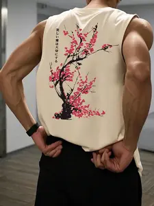 Men's Casual Sports Vest, Lightweight Breathable Knit Fabric, Japanese Text and Tree Pattern, Round Neck Sleeveless Top for Gym and Leisure Wear
