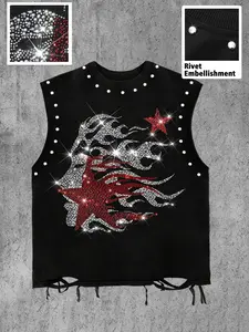 Men's Casual Tank Top, Graphic Rhinestone Flame Star Print, Breathable Soft Fabric, Loose Fit, All Seasons, Streetwear Style