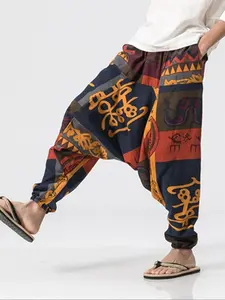 Men's Tribal Pattern Tie Waist Harem, Boho Casual Comfy Trousers for Daily Wear, Men's Bottoms for Summer, Bohemian Trousers