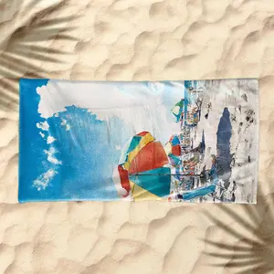 1 piece Colorful beach umbrellas and tourists on the sunny beach themed beach towel - Extra Large Beach Towel, Moisture-wicking Quick-dry Fabric, suitable for Beach, Pool, Camping, Modern Pattern Style, Machine Washable Suitable for Various Outdoor