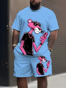 Men's large-sized 3D printed leopard pink pattern short-sleeved casual tropical sports T-shirt plus shorts set, extra-large size