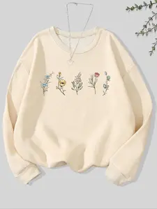 Women's Floral Embroidery Crew Neck Sweatshirt, Casual Long Sleeve Pullover for Fall & Winter, Women's Clothes for Daily Wear