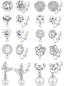 10 Pairs Clip on Earrings Women - Hypoallergenic Comfortable Non Pierced Earrings Round Square CZ Pearl Knot Flower Butterfly Clip on Earrings for Women Silvery